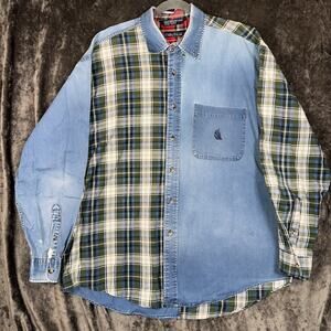 Nautica Men’s L Cut And Sew Denim Plaid Button Down Shirt Colorblock Vintage